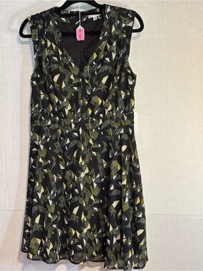 Sleeveless V-Neck Black Midi Dress with Yellow & Cream Abstract Print